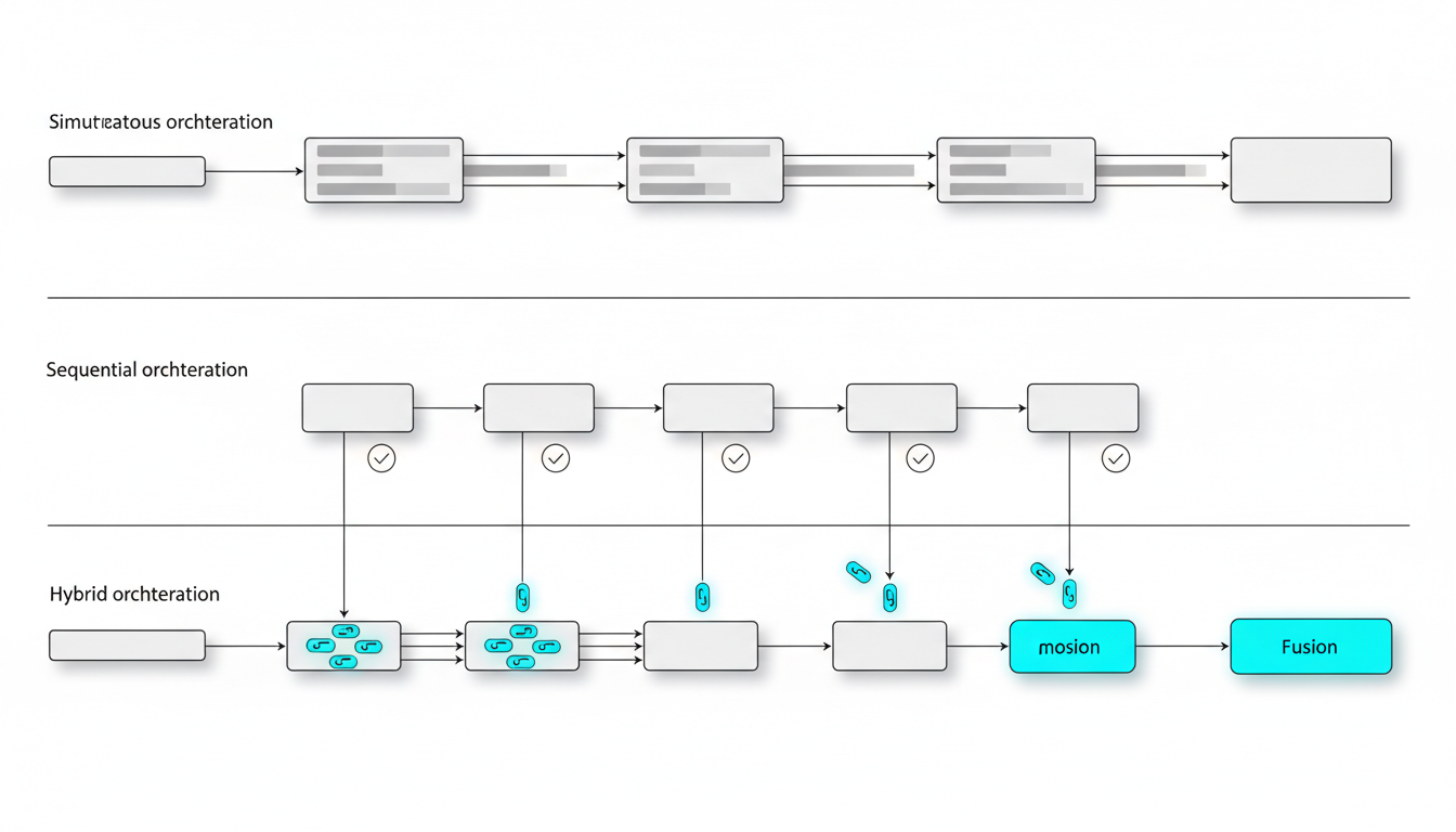 Single-scene technical diagram split visually into three aligned horizontal lanes (no text): top lane — Simultaneous orchestr