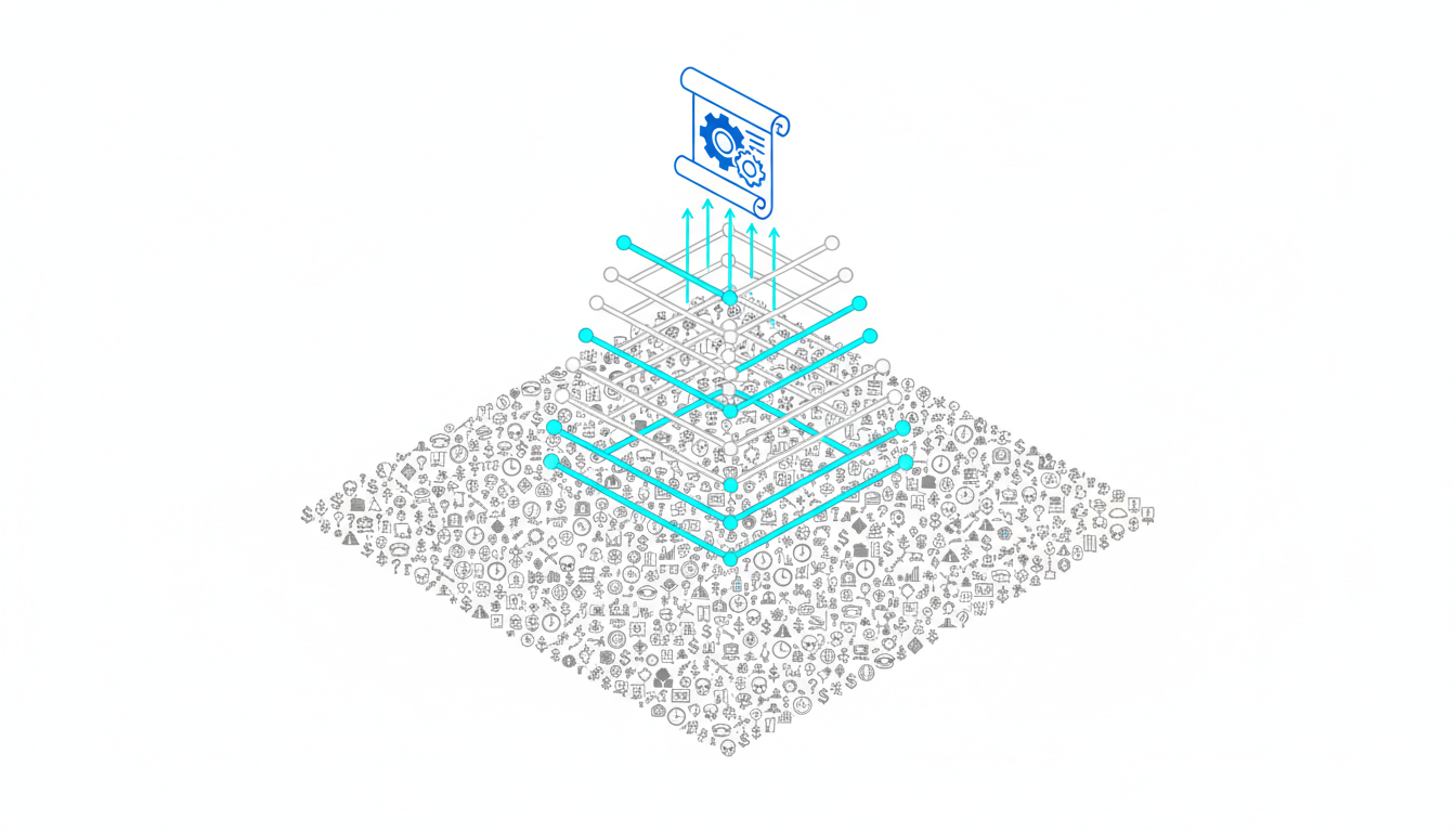 Isometric technical diagram of a three-layer 'POV Pyramid' on a white background: bottom layer visually dense with tiny grays