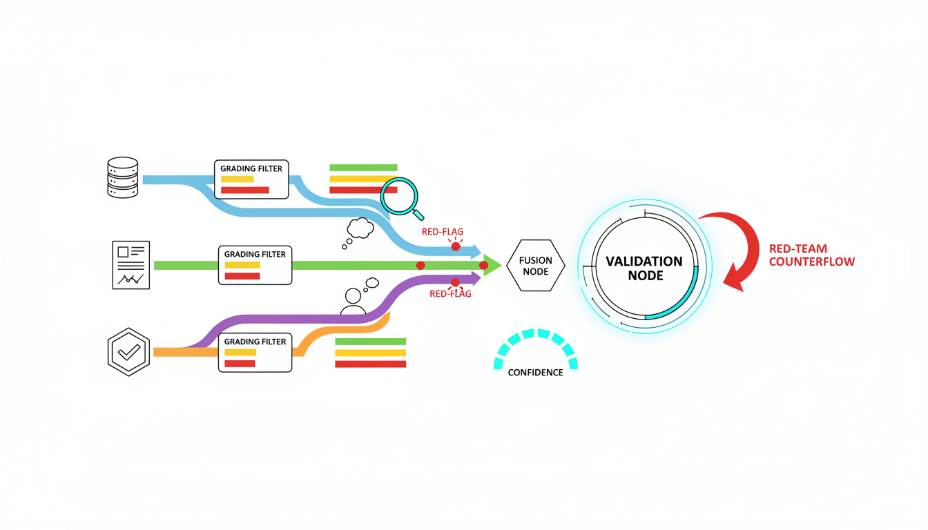 Technical illustration showing multiple evidence streams converging toward a central validation node on white background: var