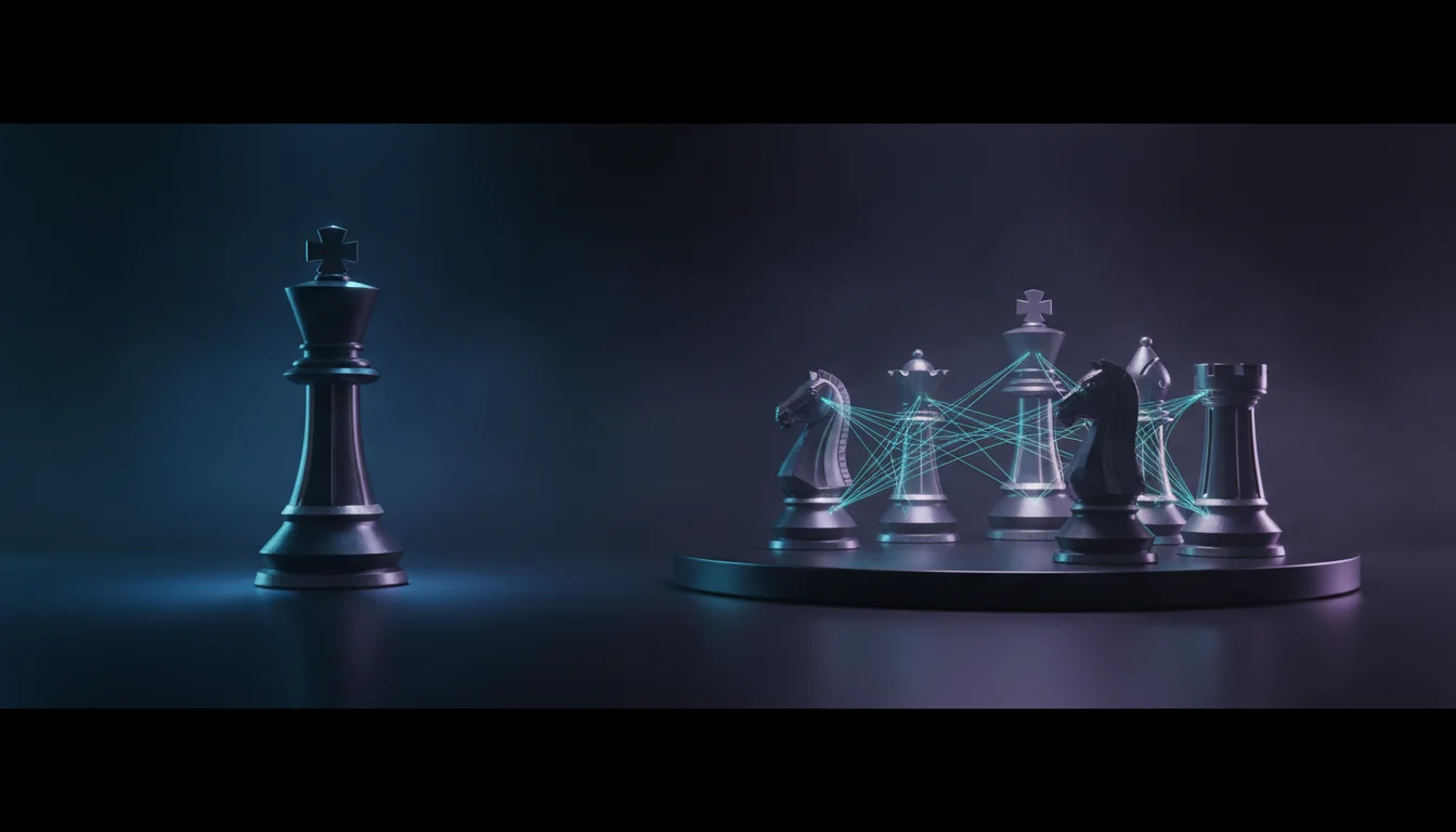 Cinematic, ultra-realistic 3D render with split composition: left side shows a single towering monolithic chess king in matte