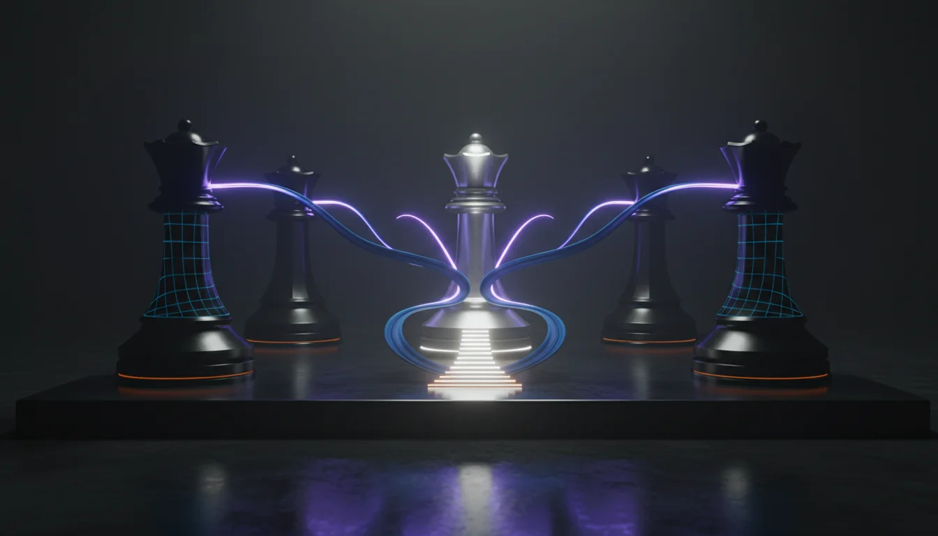 A cinematic, ultra-realistic 3D render of five modern, monolithic chess pieces arranged to visualize the four multi-LLM orche