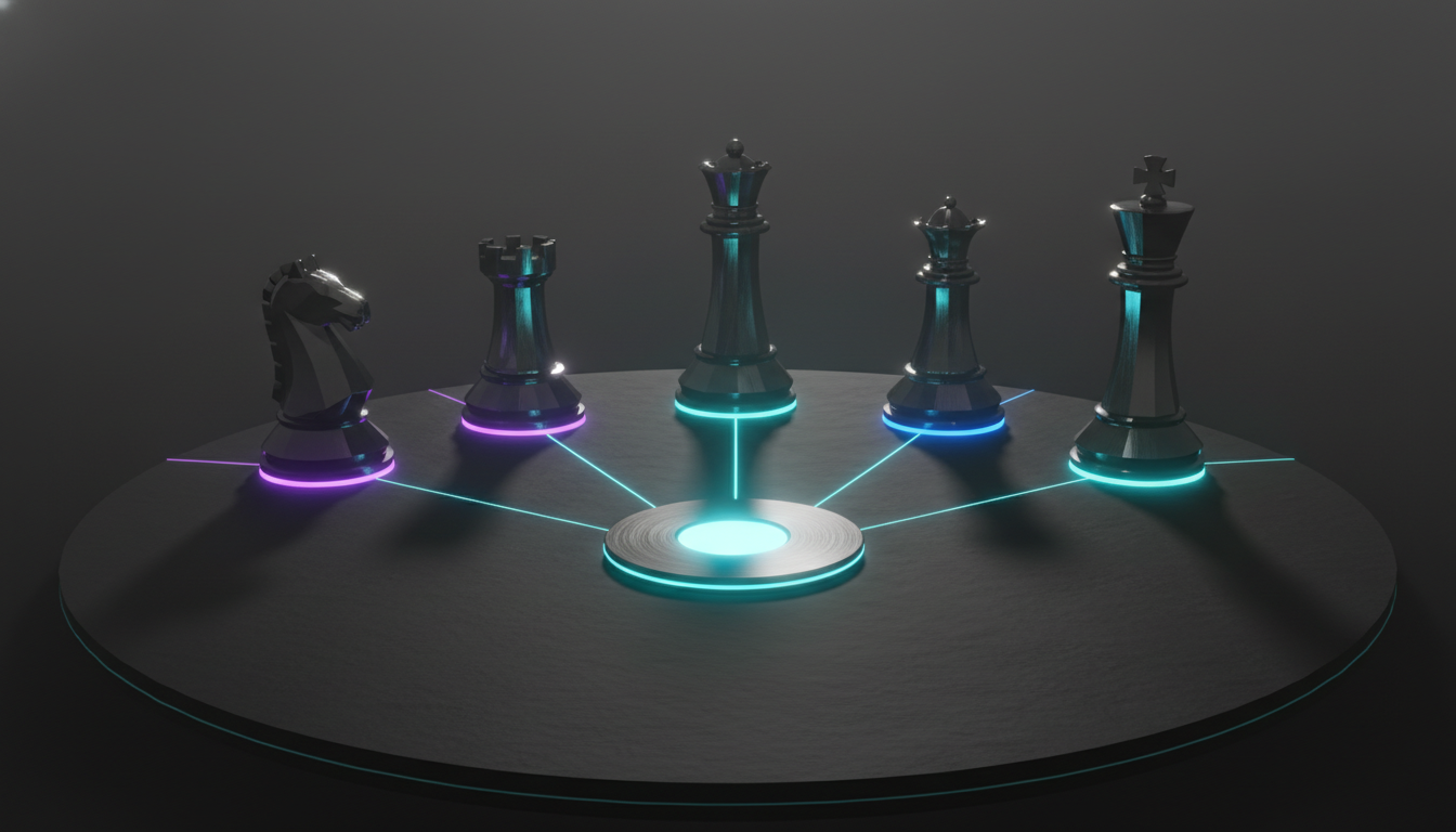 Ultra-realistic 3D cinematic render: five modern, monolithic chess pieces (king, queen, rook, bishop, knight) arranged in a w