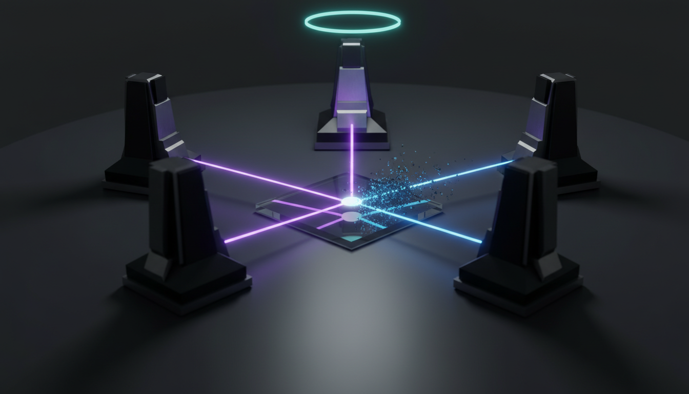 Cinematic, ultra-realistic 3D render: five modern, monolithic chess pieces in matte black obsidian and brushed tungsten form 