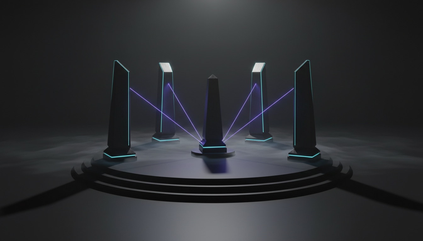 Cinematic, ultra-realistic 3D render depicting five modern, monolithic chess pieces arranged in a debate-to-consensus scene: 