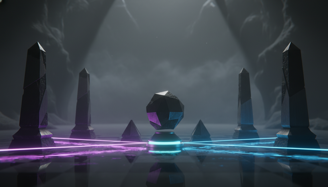 A cinematic, ultra-realistic 3D render staging five modern, monolithic chess pieces as a multi-model orchestration tableau: t