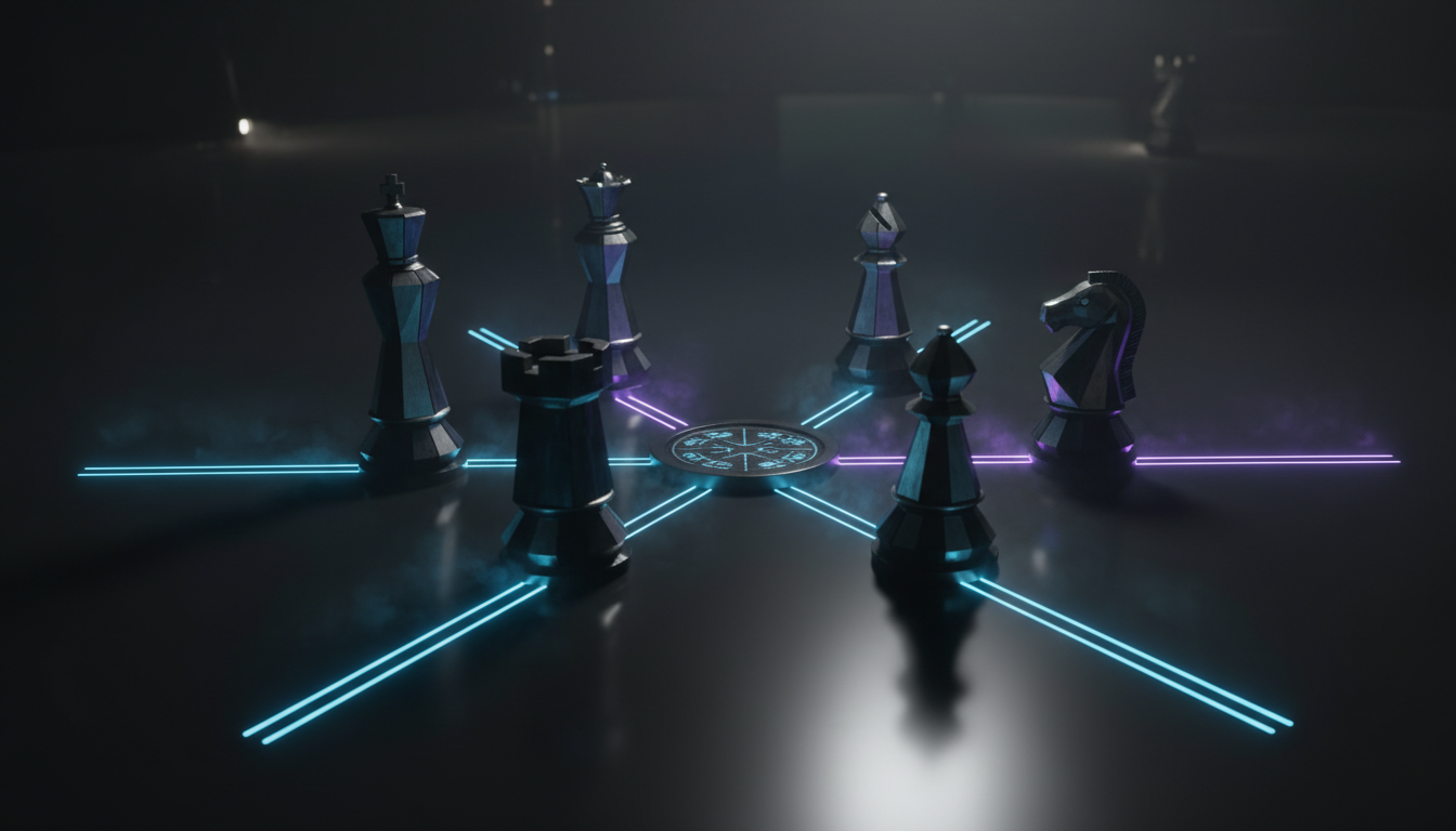 Ultra-realistic cinematic 3D scene of five modern, monolithic chess pieces (king, queen, rook, bishop, knight) in matte black
