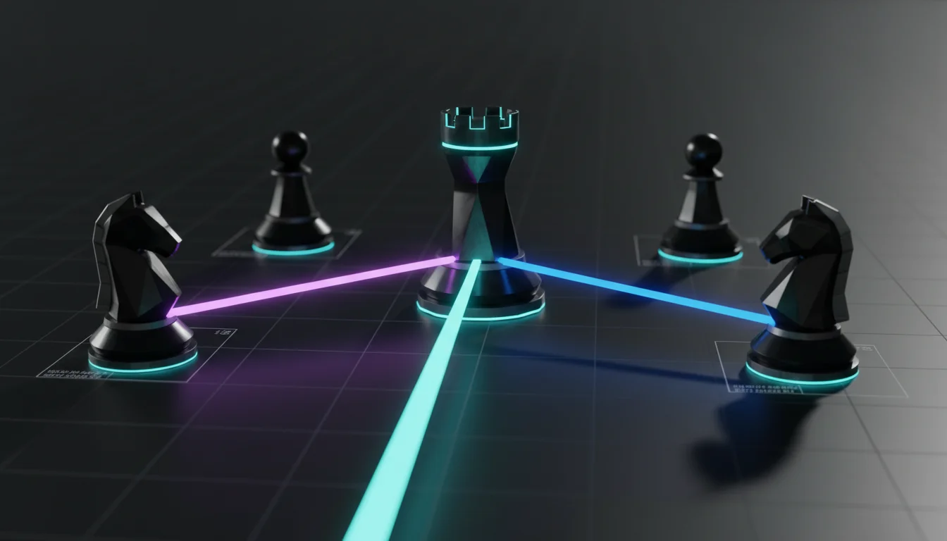 A cinematic, ultra-realistic 3D render depicting a validation-first multi-model debate using chess metaphors: five modern, mo