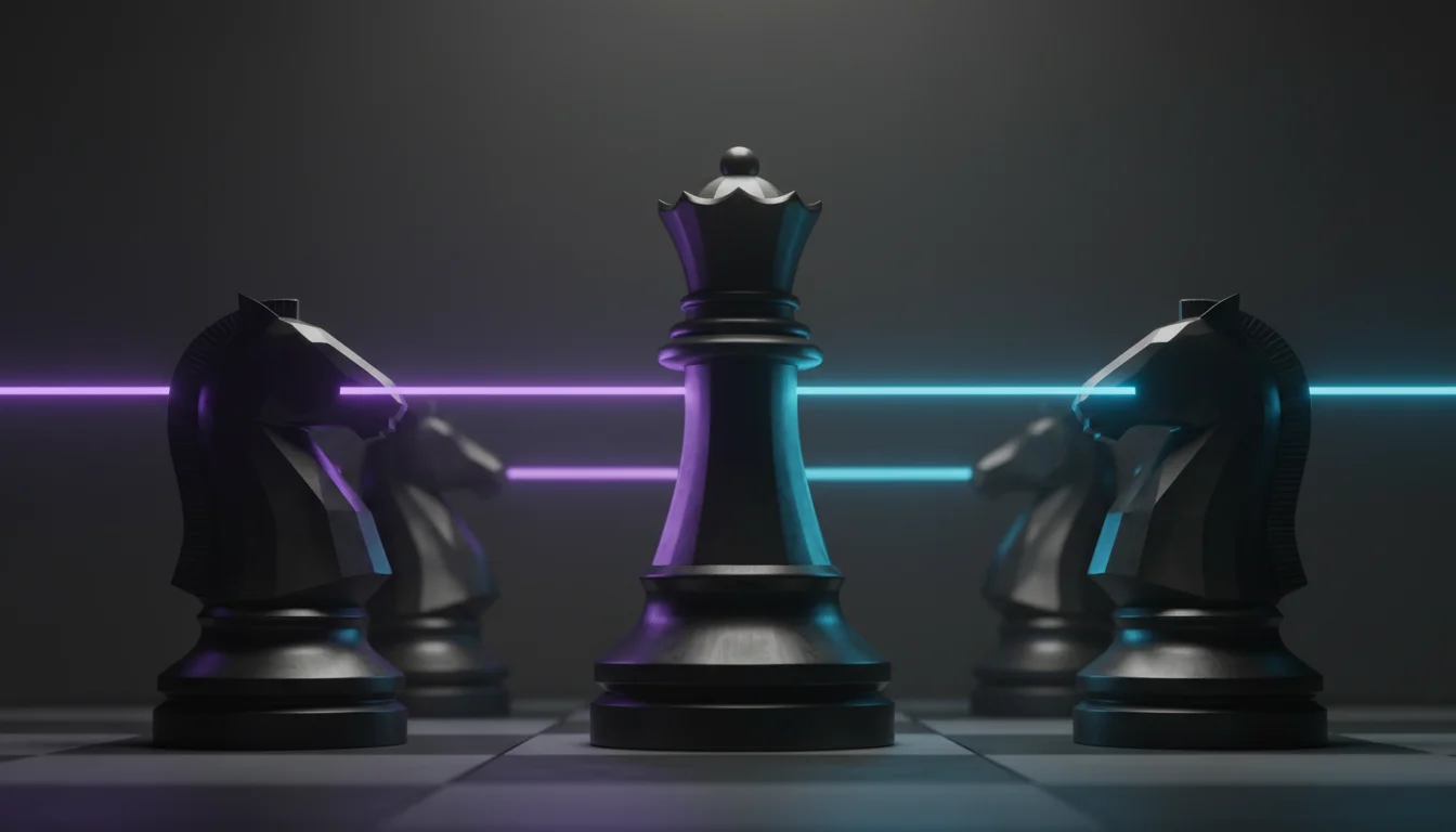 Cinematic, ultra-realistic 3D render illustrating adjudication: five modern, monolithic chess pieces in a single scene—an ele