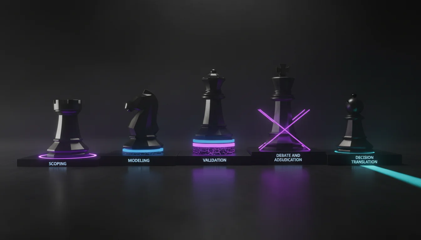 A cinematic, ultra-realistic 3D render visualizing the AI-for-economics workflow as five modern, monolithic chess pieces prog