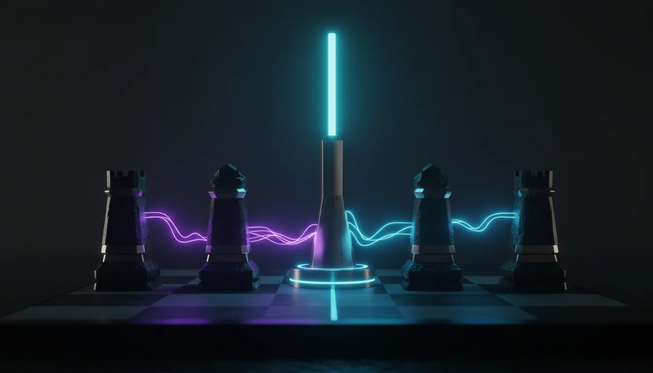 A cinematic, ultra-realistic 3D render on a matte black chess board in a dark, atmospheric scene: five modern, monolithic che