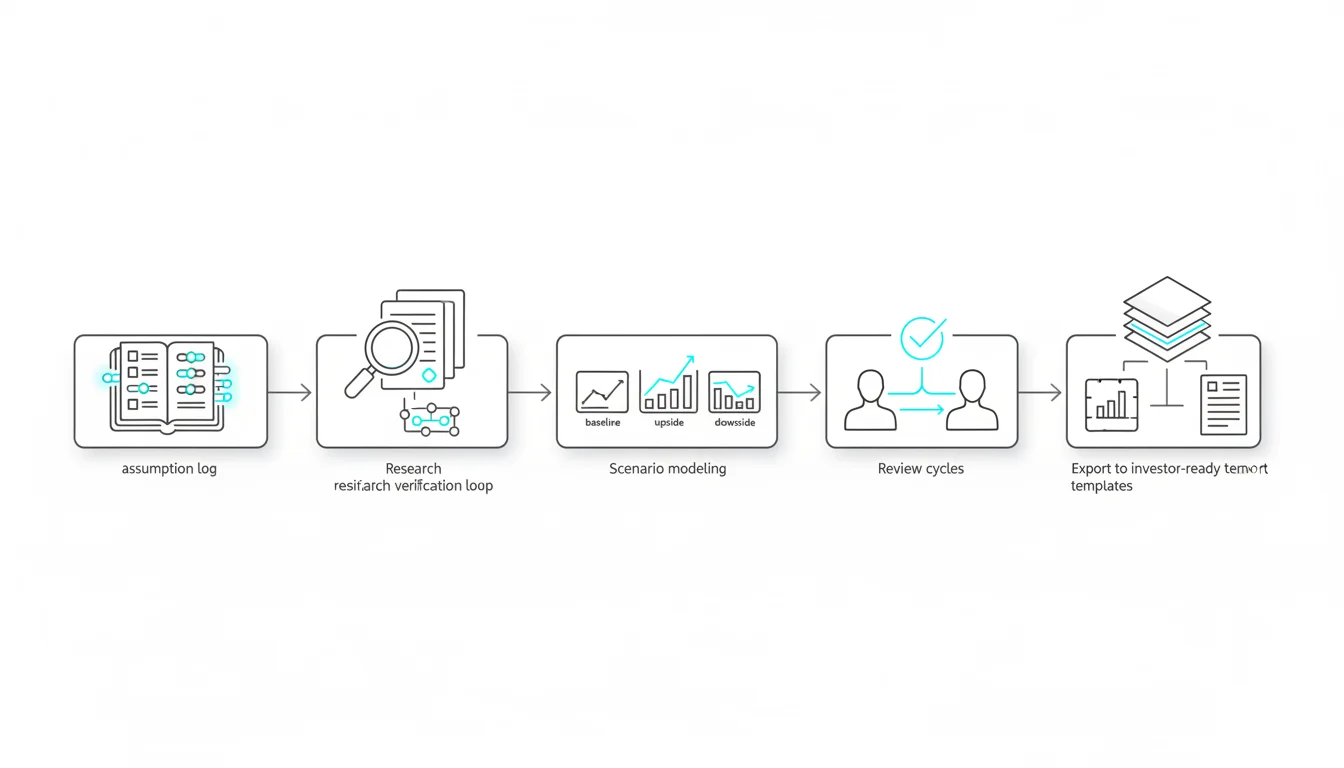 Horizontal pipeline technical illustration on a white background showing a five-step verification workflow: 1) an open ledger