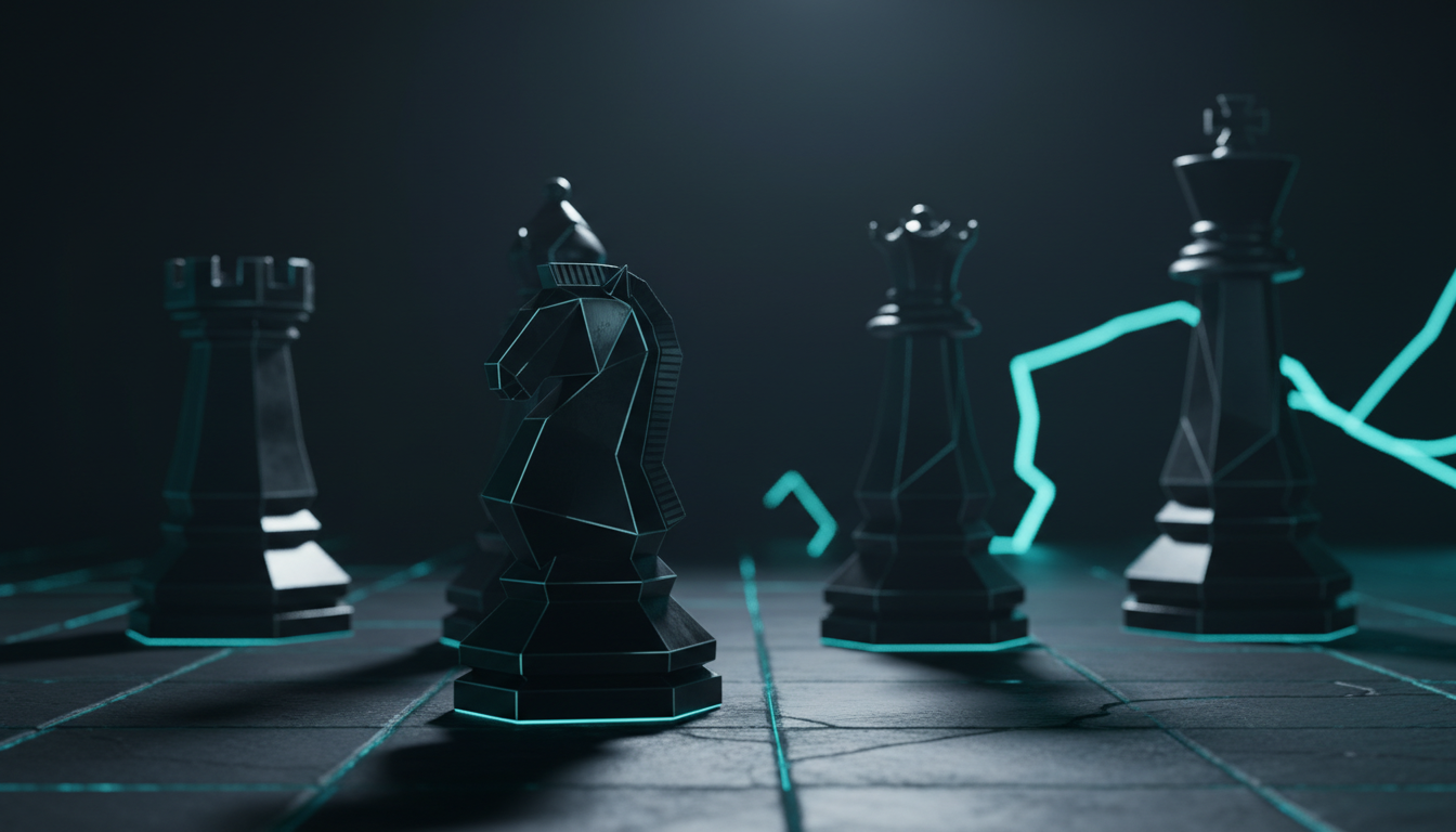 Cinematic, ultra-realistic 3D render of five modern, monolithic chess pieces in matte black obsidian and brushed tungsten, co