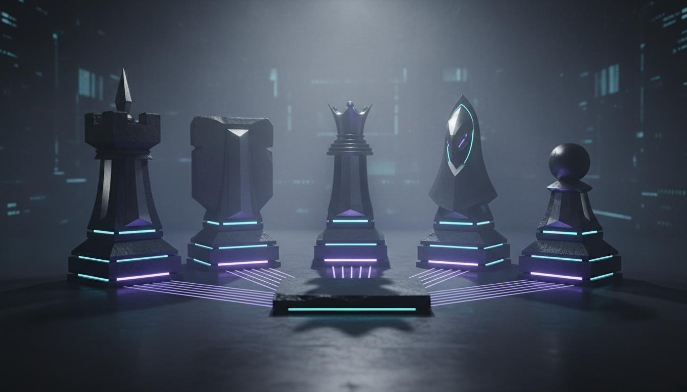 A cinematic, ultra-realistic 3D render of five modern, monolithic chess pieces in matte black obsidian and brushed tungsten, 