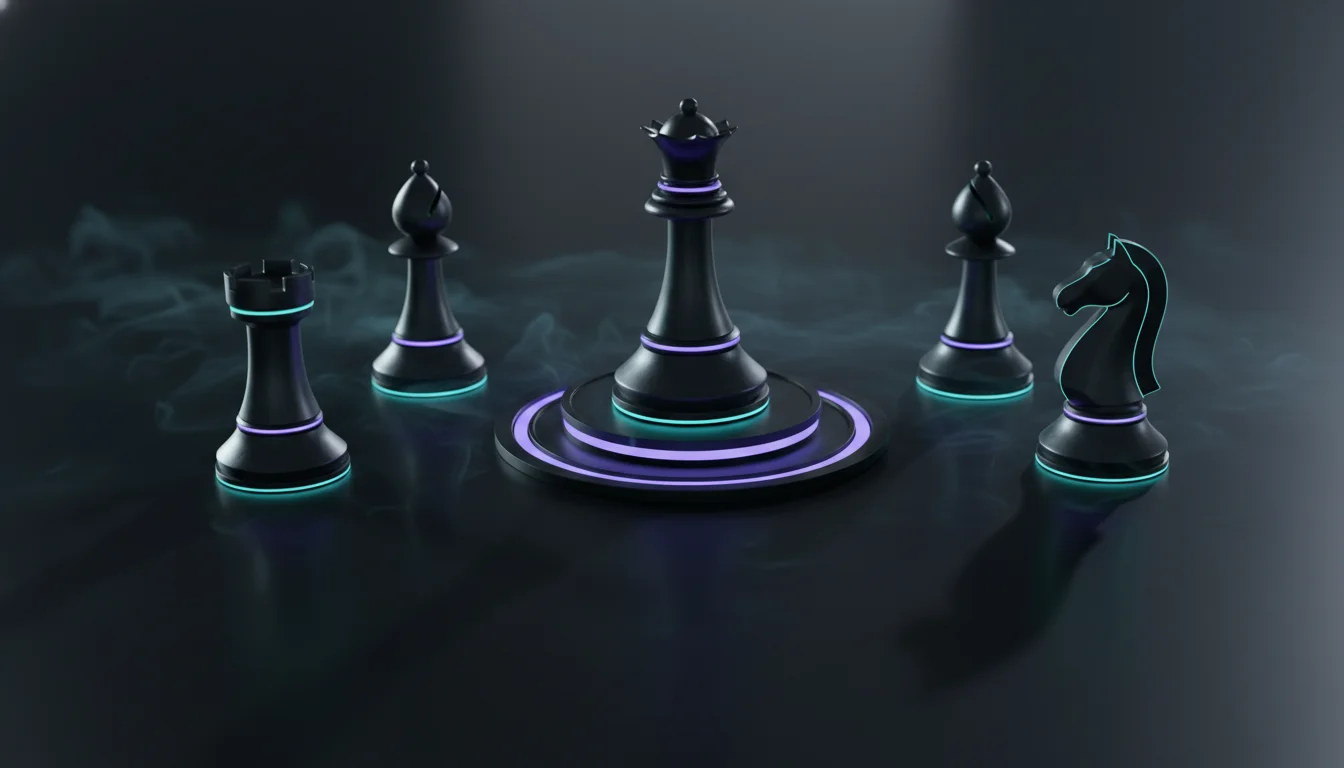 Cinematic, ultra-realistic 3D render focused on adjudication: five modern, monolithic chess pieces on a sleek dark surface—ce