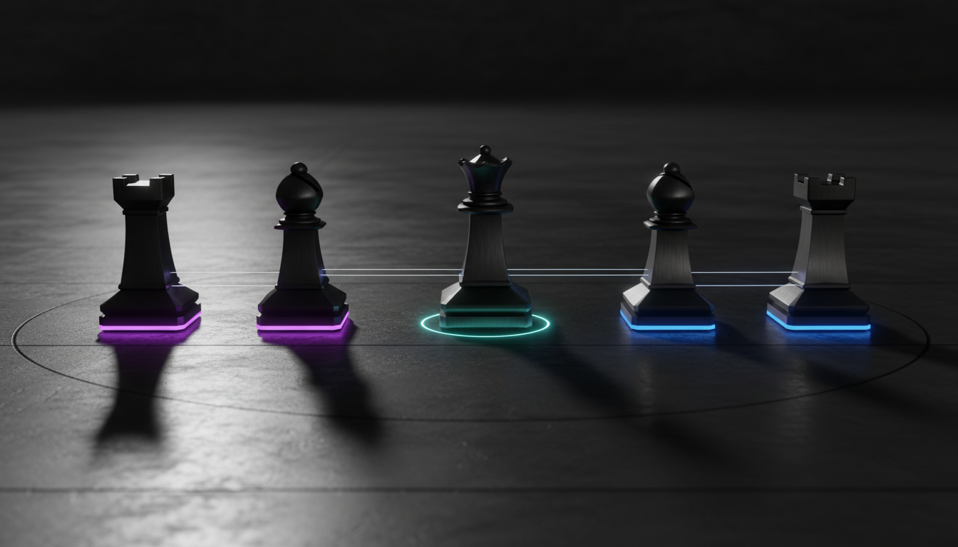 Cinematic, ultra-realistic 3D render staging a structured debate: five modern, monolithic chess pieces in heavy matte black o