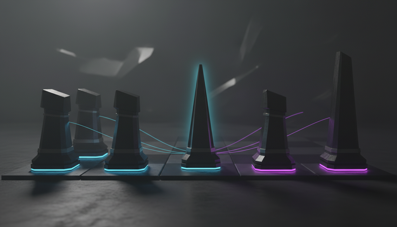 Cinematic, ultra-realistic 3D render of five modern, monolithic chess pieces in heavy matte black obsidian and brushed tungst