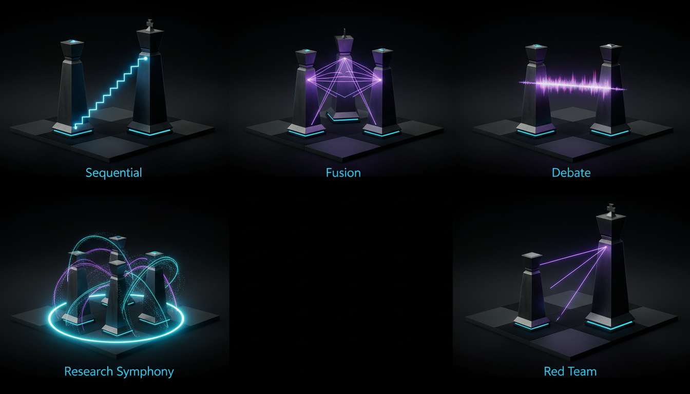 A cinematic, ultra-realistic 3D render of five modern, monolithic chess pieces in heavy matte black obsidian and brushed tung