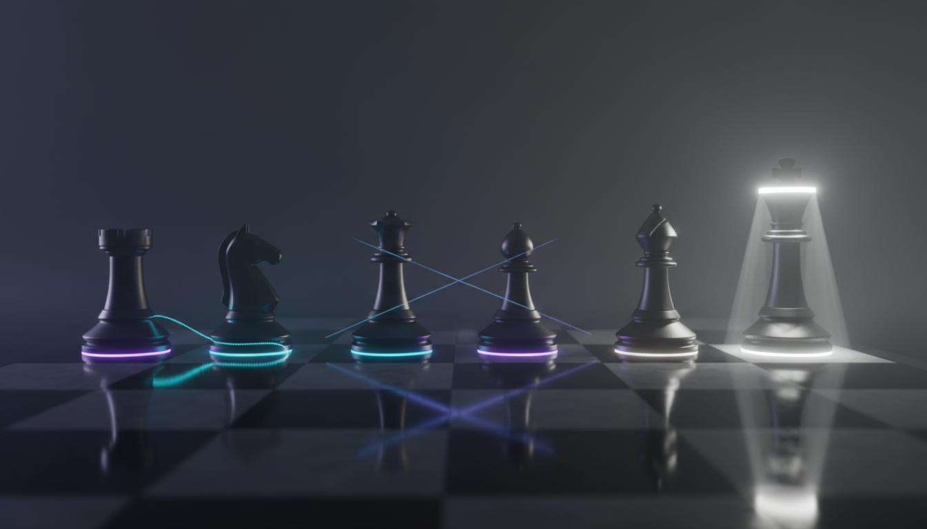 Cinematic, ultra-realistic 3D render showing five modern, monolithic chess pieces in heavy matte black obsidian and brushed t