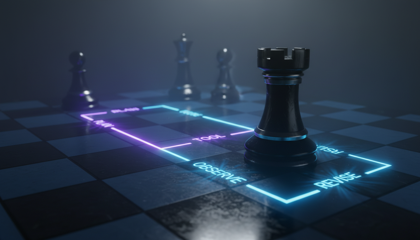 A cinematic, ultra-realistic 3D render of a modern obsidian rook captured mid-move across a dark grid board, motion expressed