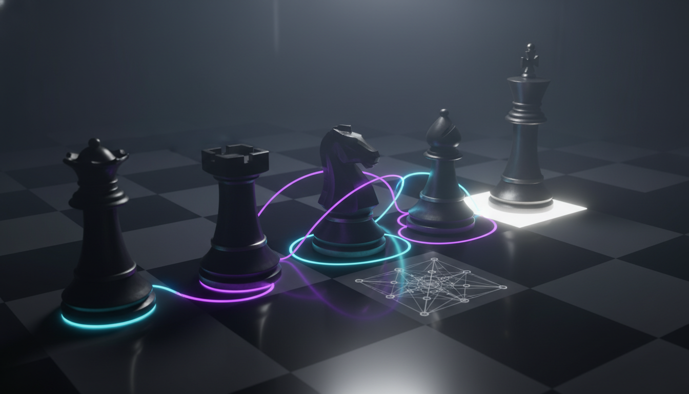 Cinematic ultra-realistic 3D render at a low three-quarter angle across a dark chessboard grid: five modern monolithic chess 