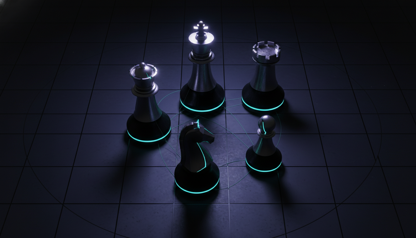 Cinematic, ultra-realistic 3D render viewed from an overhead top-down camera: five modern monolithic chess pieces (king, quee