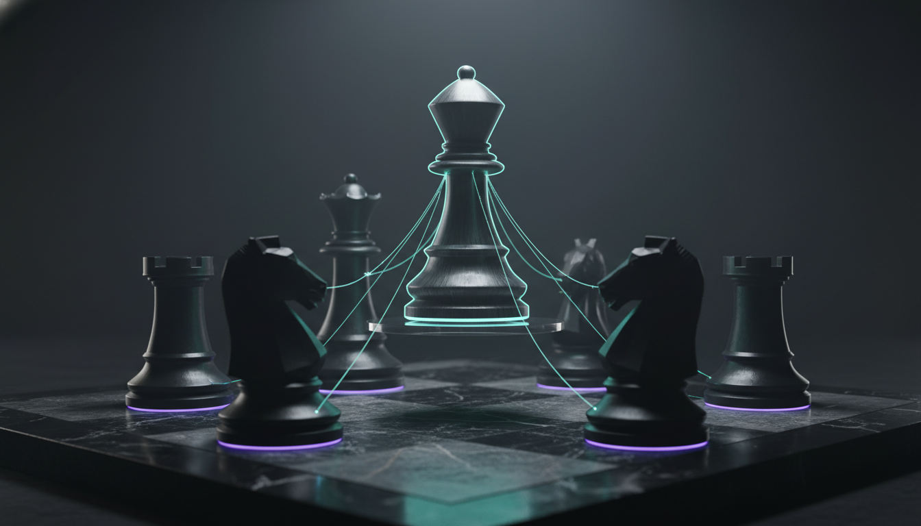 Cinematic ultra-realistic 3D render visualizing trust adjudication in multi-model AI: a modern monolithic chess bishop subtly