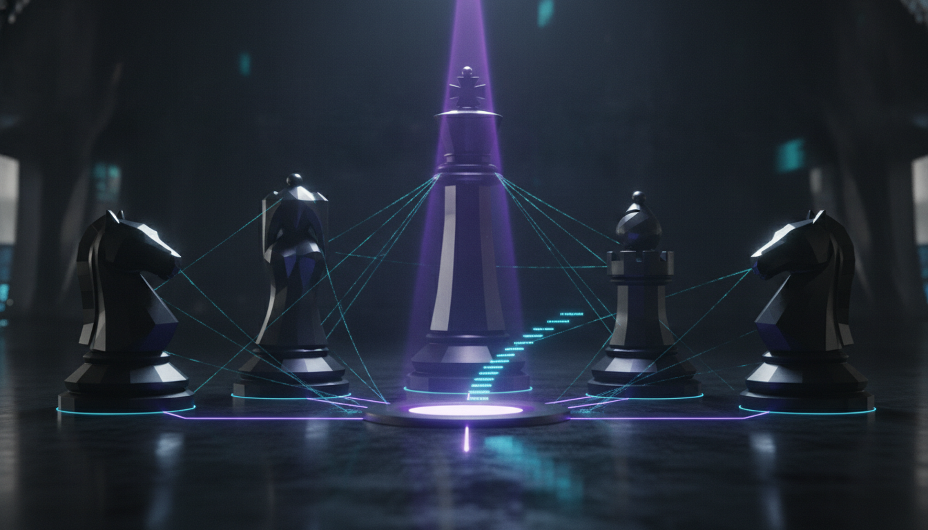 Cinematic, ultra-realistic 3D render of a ‘5-model AI Boardroom’ visualized as five modern monolithic chess pieces—king, quee