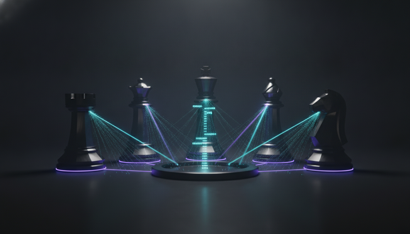 Cinematic, ultra-realistic 3D render of a ‘5-model AI Boardroom’ visualized as five modern monolithic chess pieces—king, quee