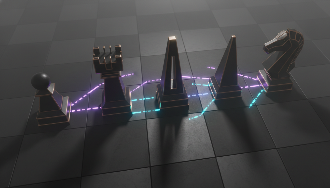 Overhead top-down cinematic 3D render of a low-contrast chessboard grid with four modern monolithic pieces—pawn, rook, bishop