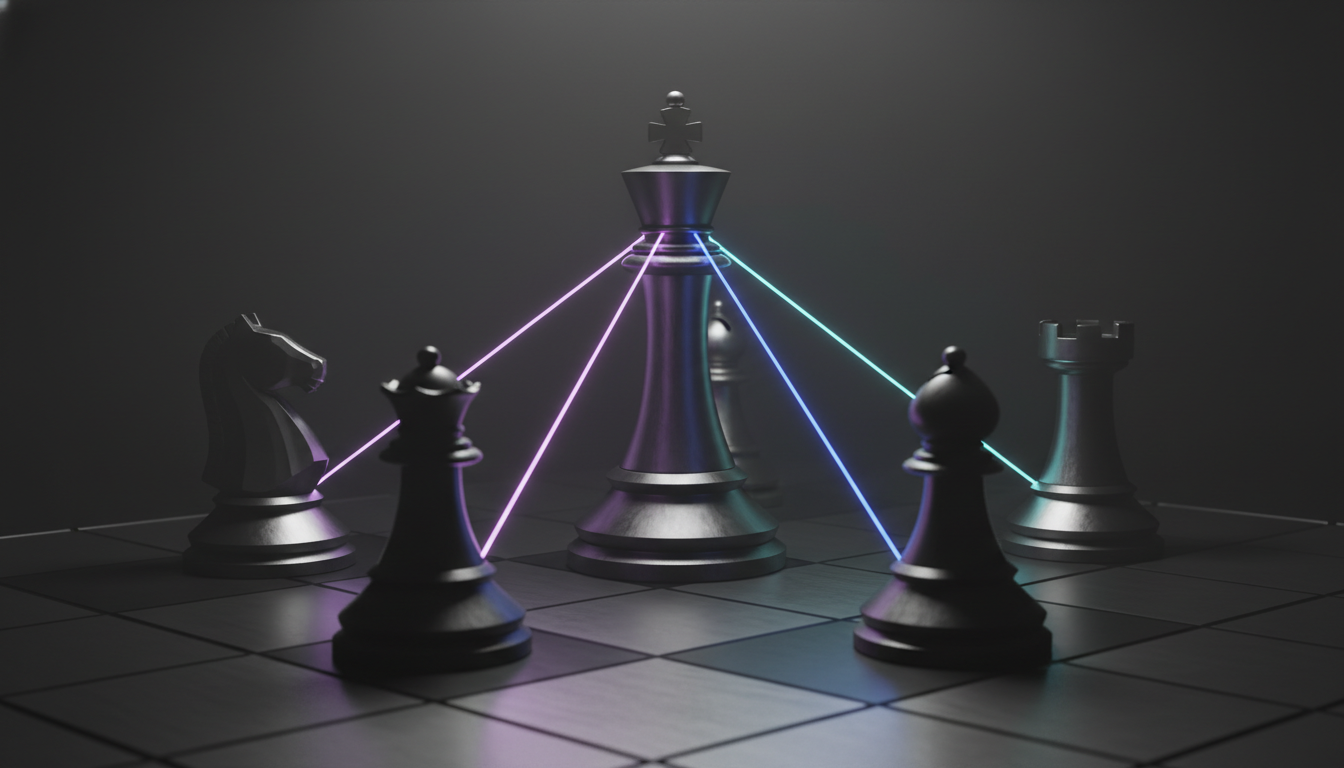 Cinematic ultra-realistic 3D render of five modern monolithic chess pieces in matte black obsidian and brushed tungsten: four