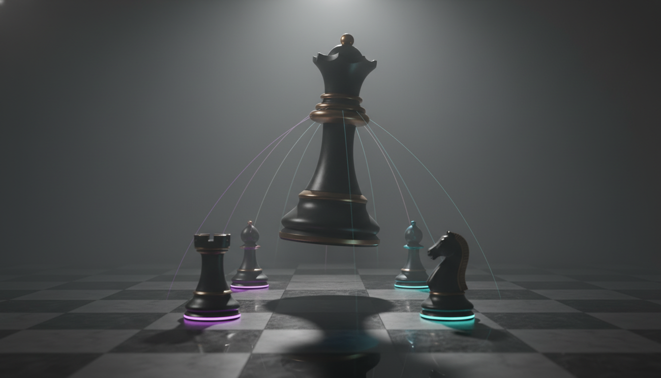 Cinematic ultra-realistic 3D render: one monolithic chess queen elevated on an invisible plinth above four varied pieces (roo