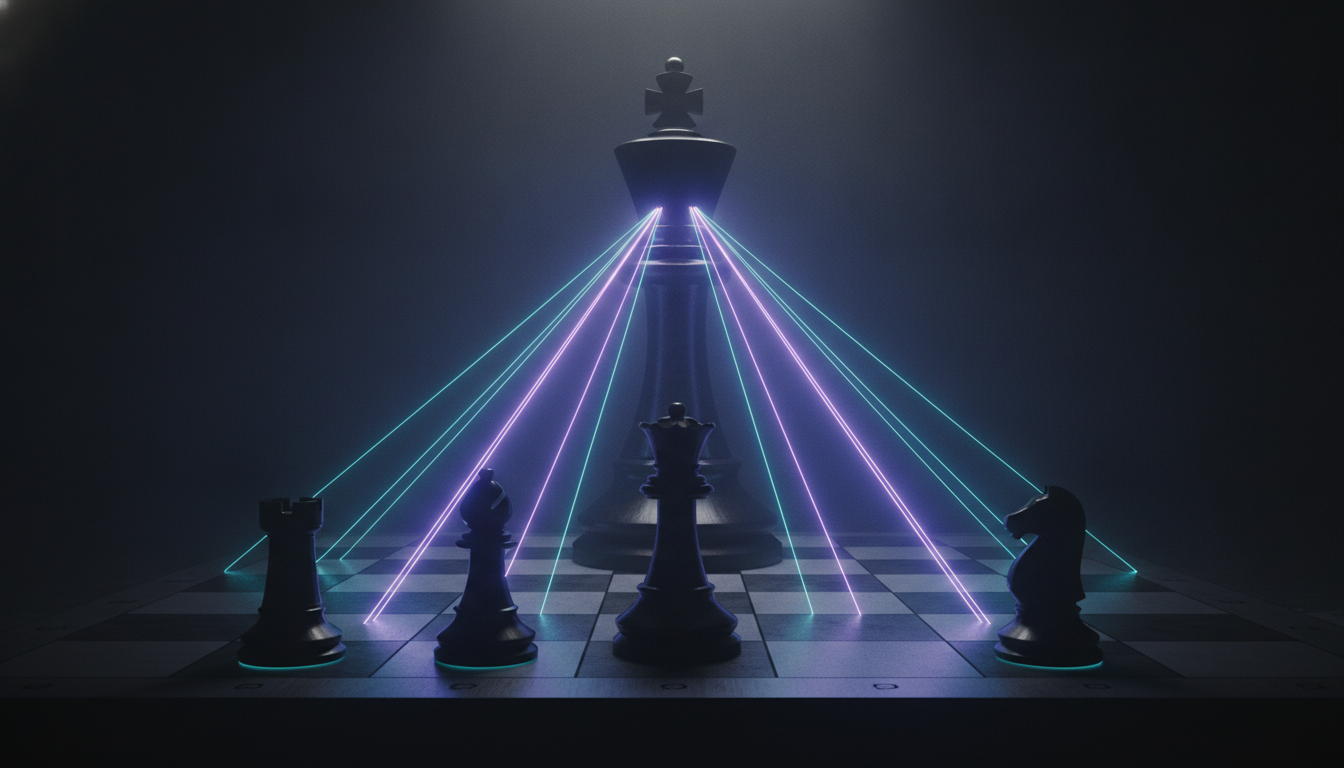 System architecture metaphor: one isolated king chess piece on the far side of a wide empty board representing a single-model