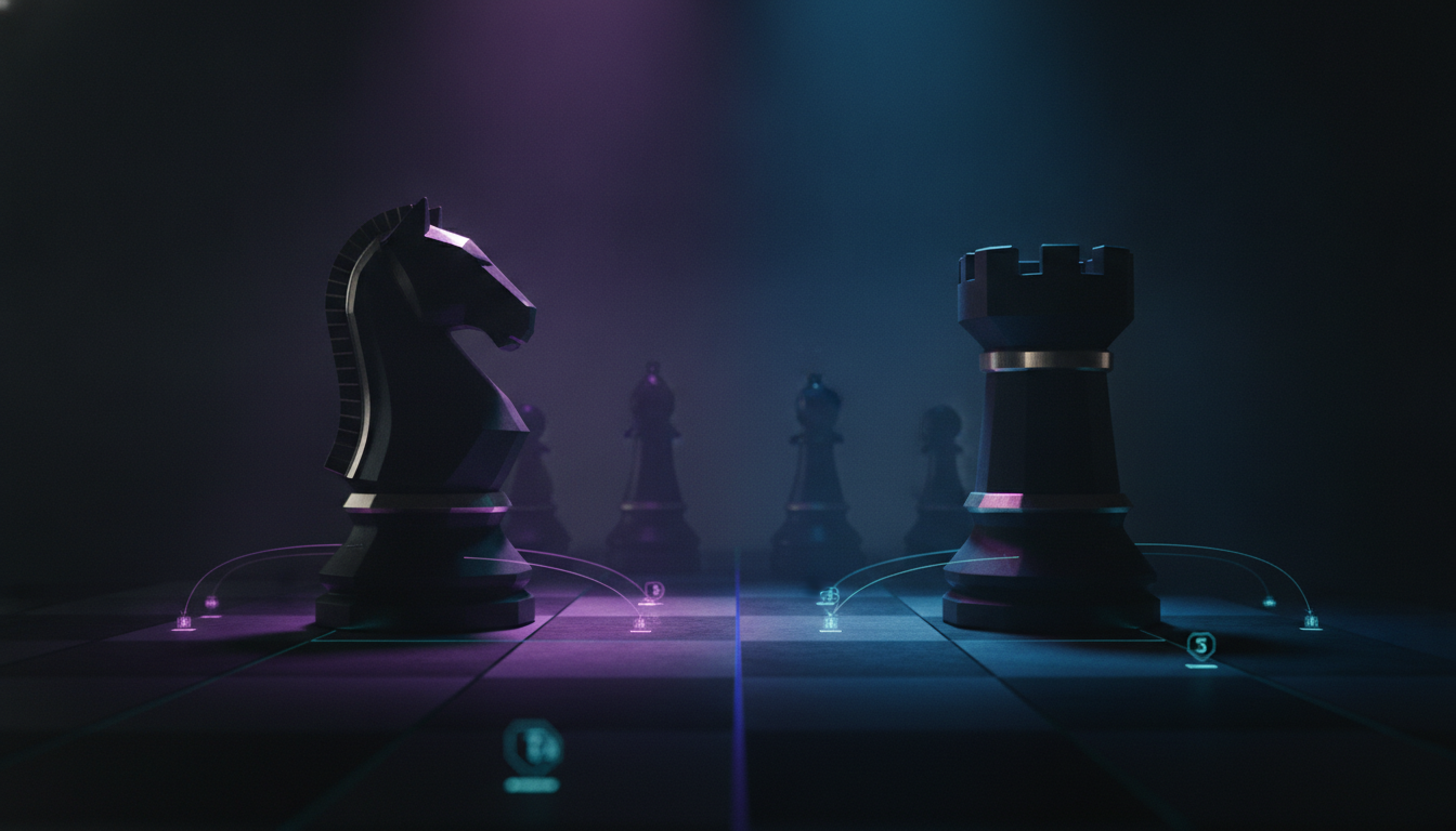 Two modern monolithic chess pieces—a knight and a rook—face each other in direct confrontation across an empty foreground, co