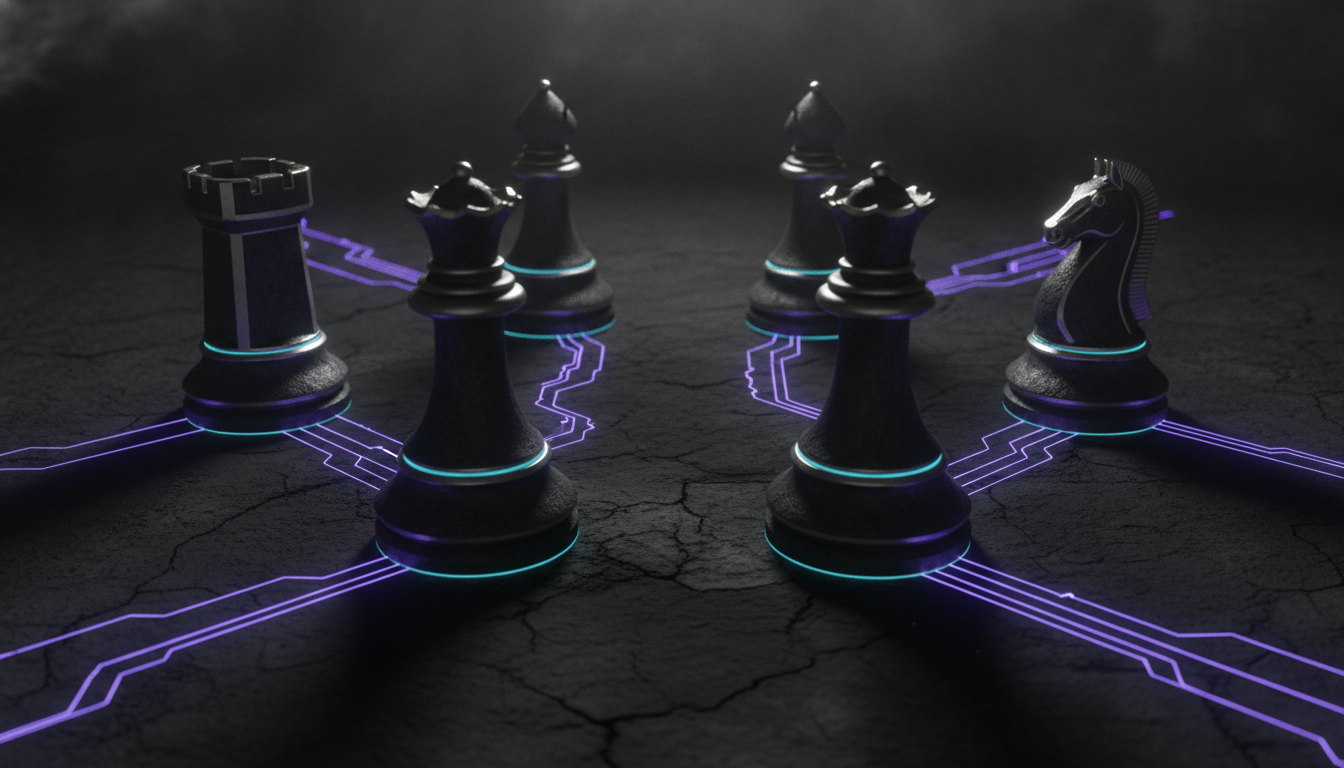 Cinematic ultra-realistic 3D render of five monolithic chess pieces representing multi-model orchestration: two primary piece