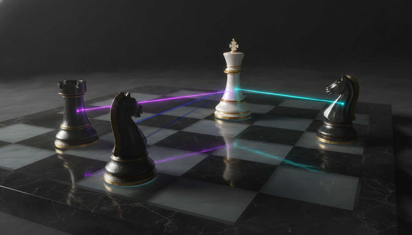 A cinematic, ultra-realistic 3D render showing coordinated attackers: a rook, a knight, and a bishop in matte black obsidian 