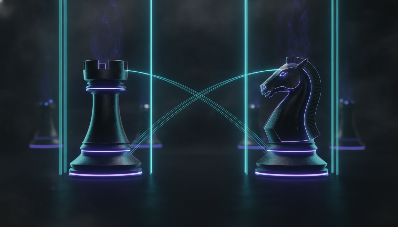A cinematic, ultra-realistic 3D render showing two modern, monolithic chess pieces facing each other in confrontation across 