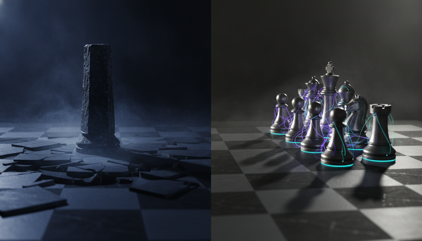 Cinematic split-scene ultra-realistic 3D render on a dark chessboard: left side shows a lone monolithic obsidian rook on unev