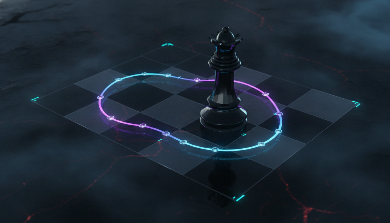 Two-stage motion study of a monolithic obsidian queen mid-move across a sparse chessboard grid, motion suggested by clean cob