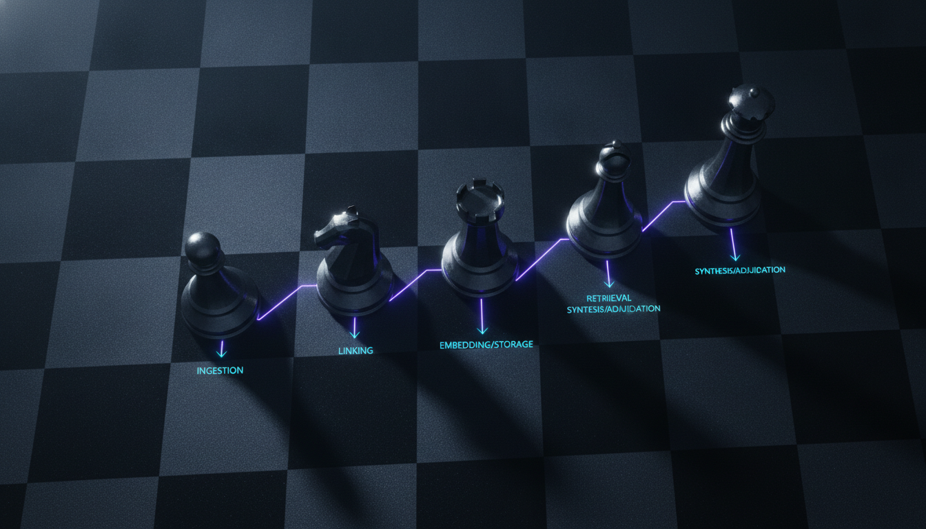 Overhead top-down view of a dark chessboard grid where five modern, monolithic pieces form a left-to-right data flow: a pawn,