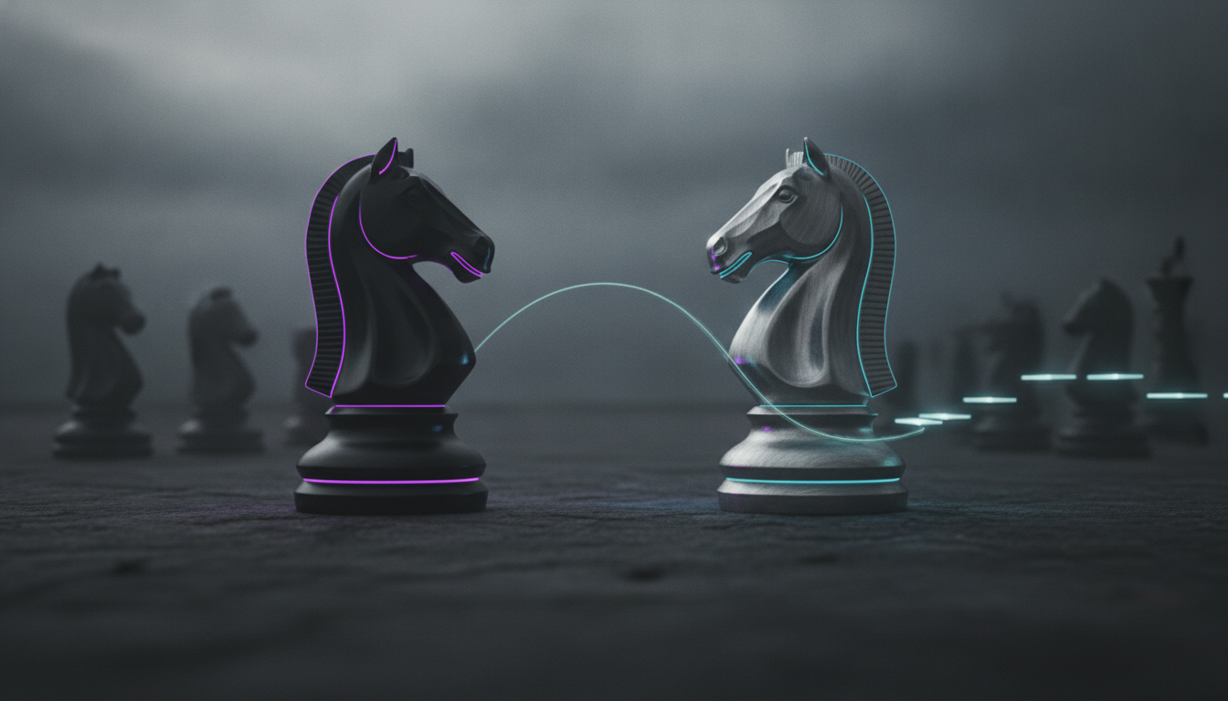 Cinematic ultra-realistic 3D render showing two monolithic knight pieces in matte black obsidian and brushed tungsten facing 
