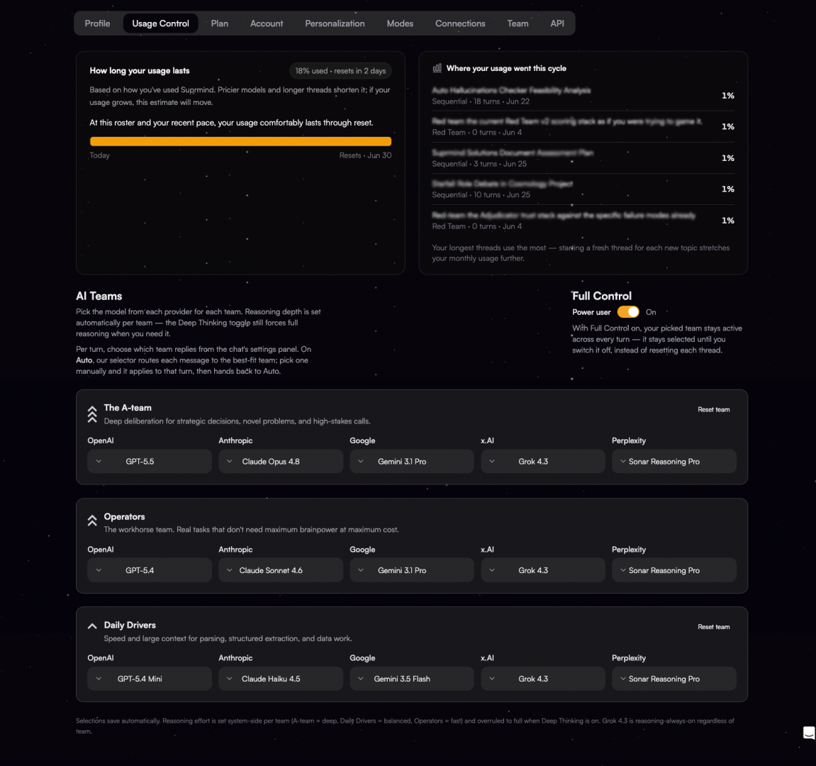 Suprmind AI orchestrator interface showing usage control and decision intelligence features.