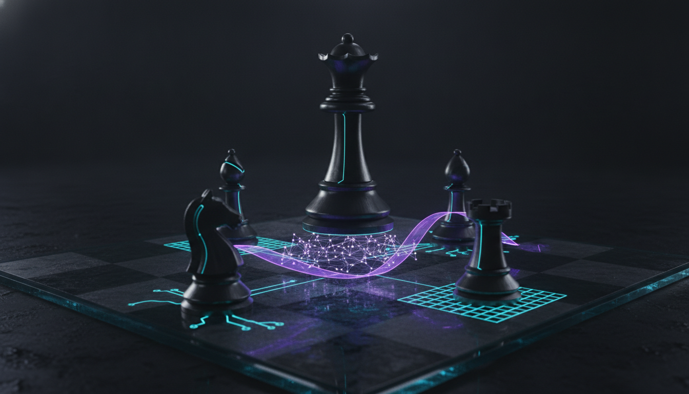 A cinematic, ultra-realistic 3D render visualizing a multi-model AI hub through chess: one monolithic queen (the hub) in matt