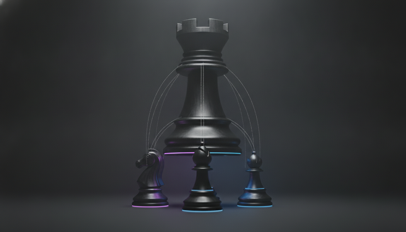 A cinematic, ultra-realistic 3D render visualizing a validation framework through chess symbolism: composition (8) one monoli