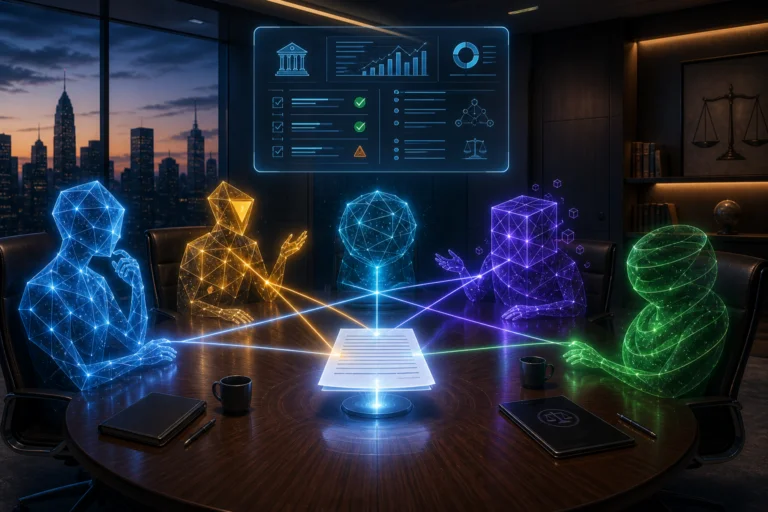Illustration of glowing digital AI figures around a boardroom table analyzing a holographic document, with financial and legal data displayed above