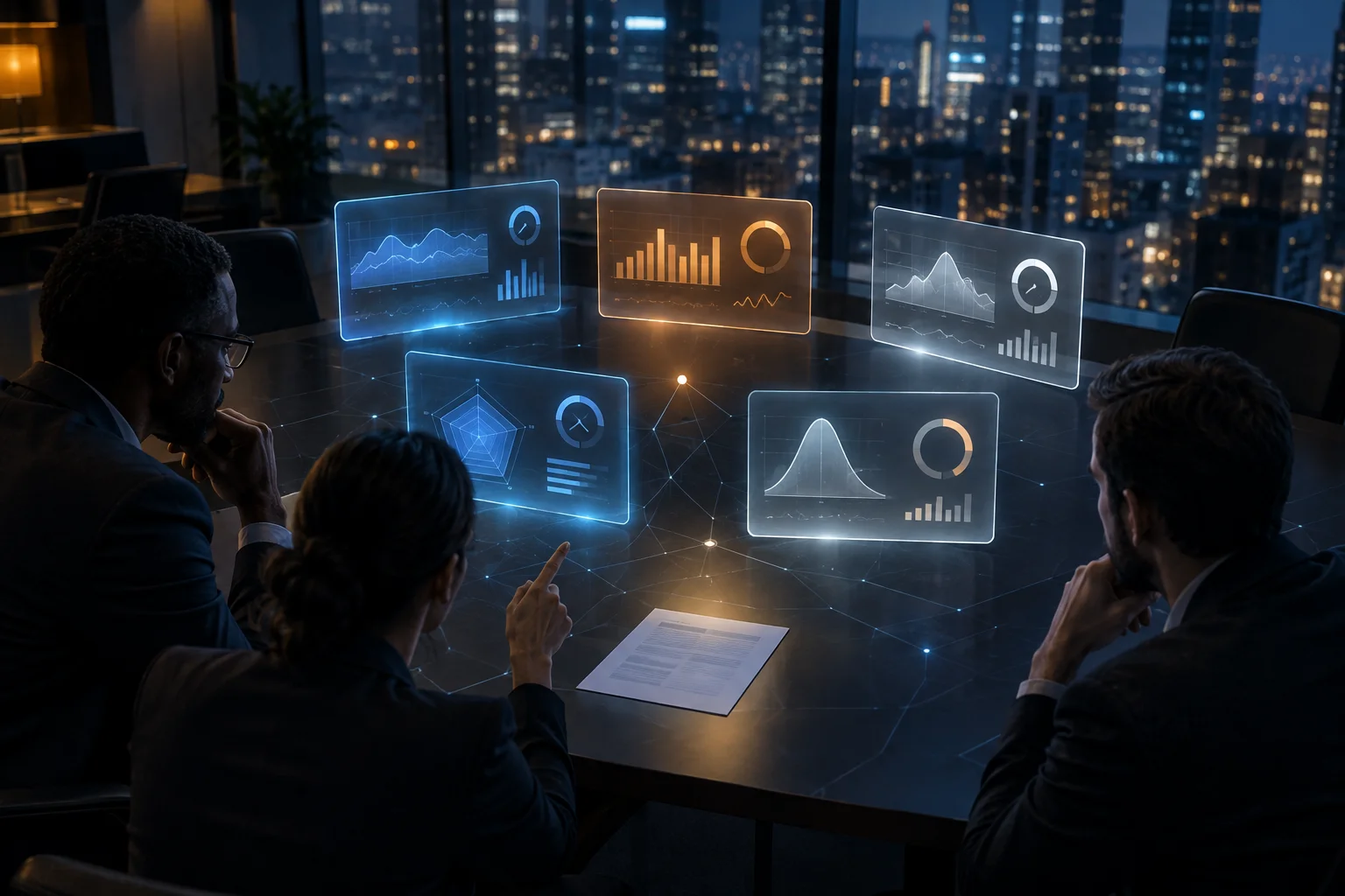 Executives review holographic data charts above a conference table overlooking a city skyline at night