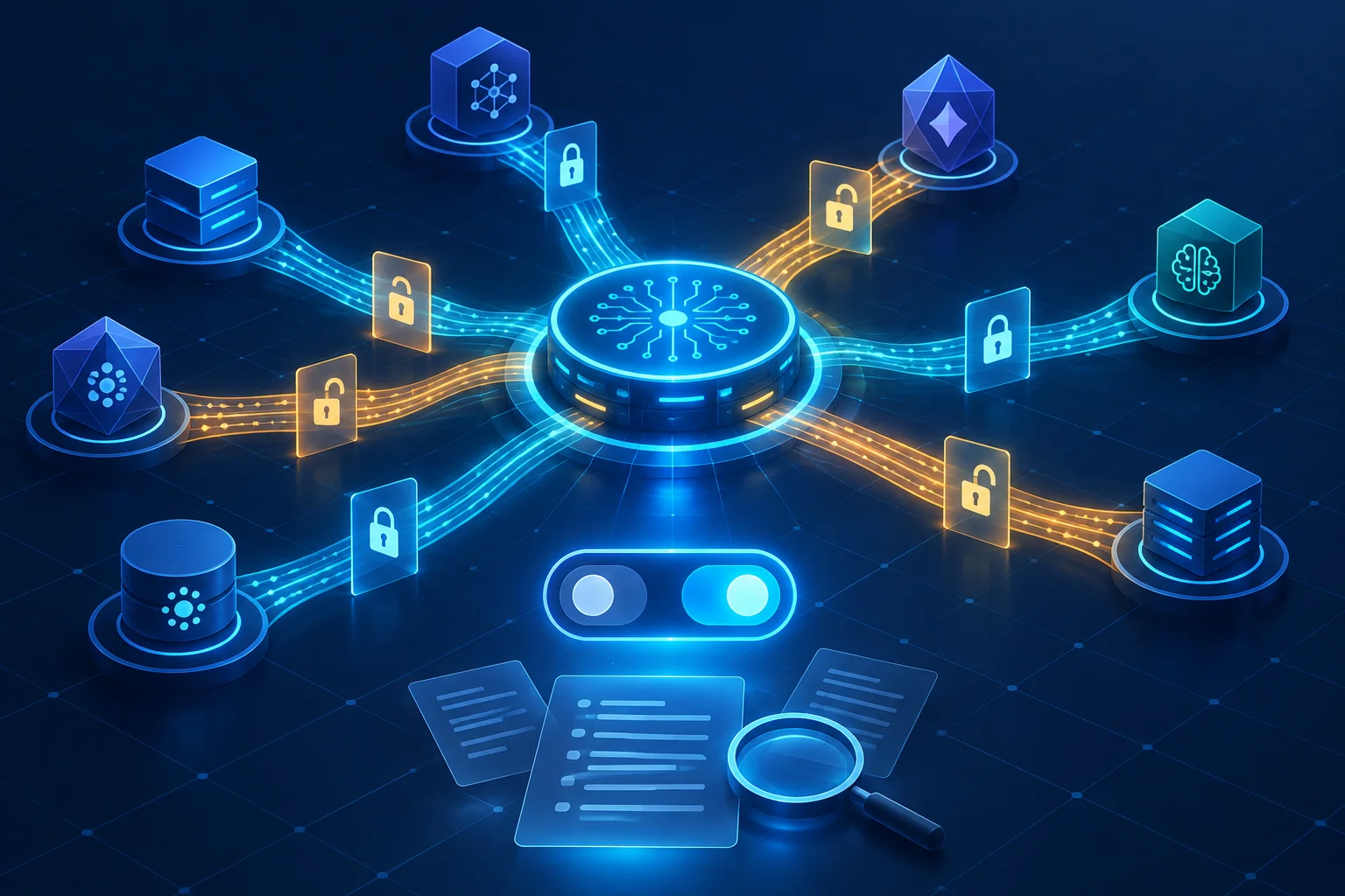Illustration of a central secure hub connected to data nodes, servers, and AI icons via encrypted, lock-protected pathways, symbolizing secure data access control