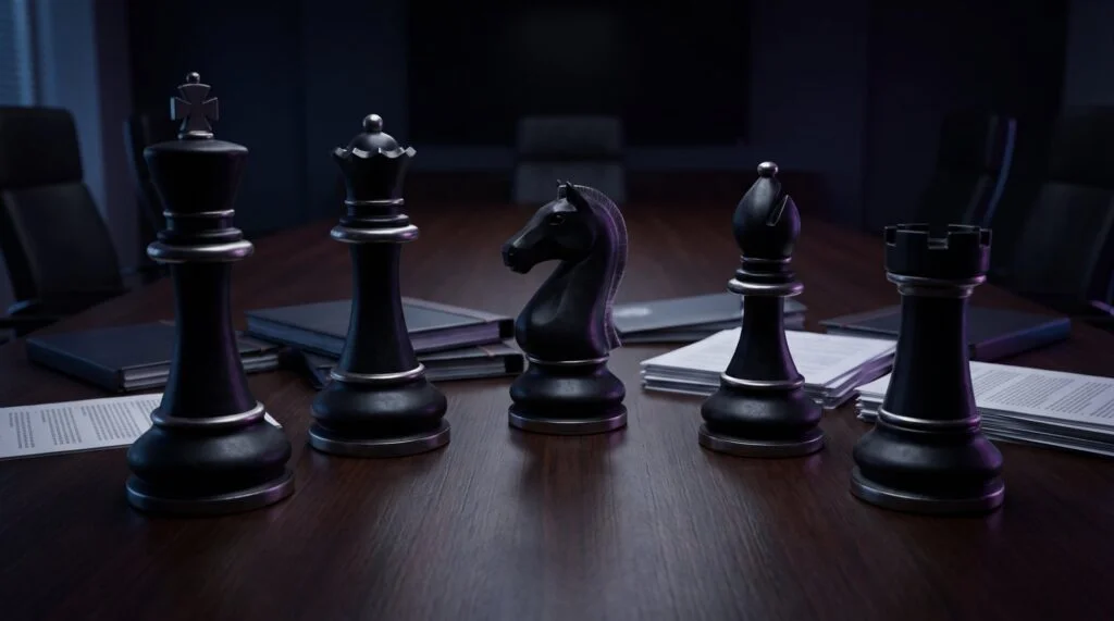 Chess pieces symbolizing AI decision intelligence on a boardroom table, representing Suprmind's multi AI platform.