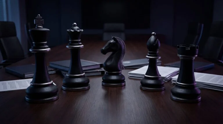 Chess pieces symbolizing AI decision intelligence on a boardroom table, representing Suprmind's multi AI platform.