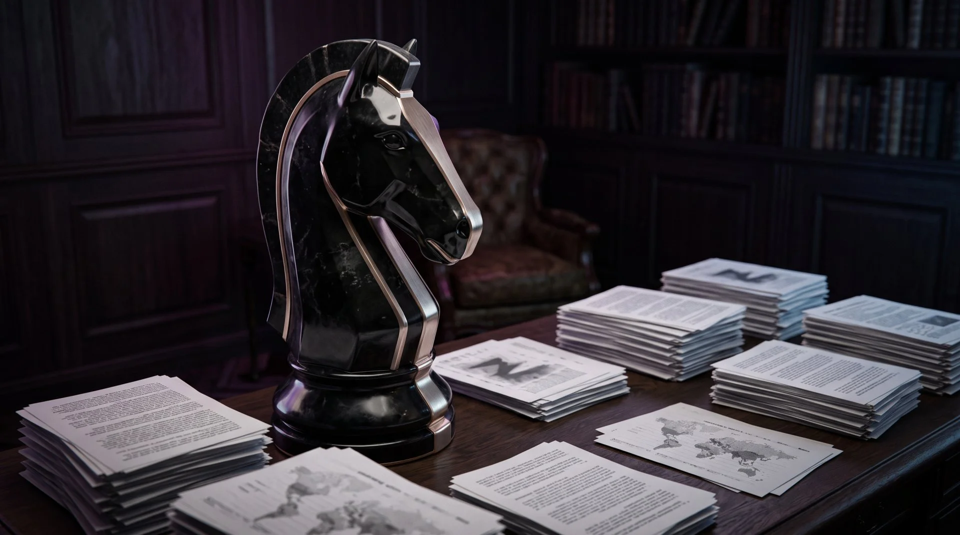 A cinematic, ultra-realistic 3D render of a human-sized black obsidian knight chess piece with brushed tungsten edges beside 