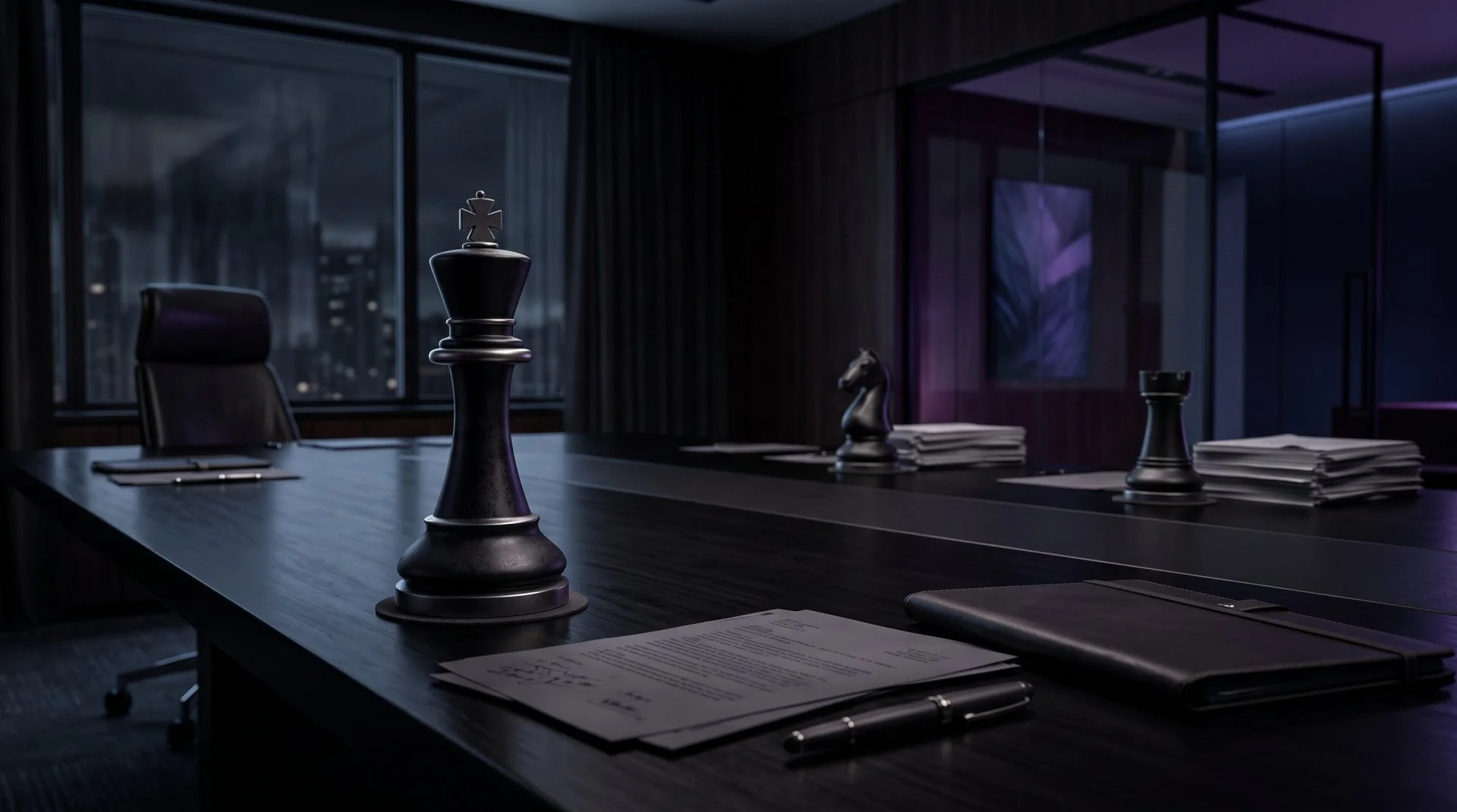 A cinematic, ultra-realistic 3D render of a human-sized matte black obsidian king chess piece with brushed tungsten edges pos